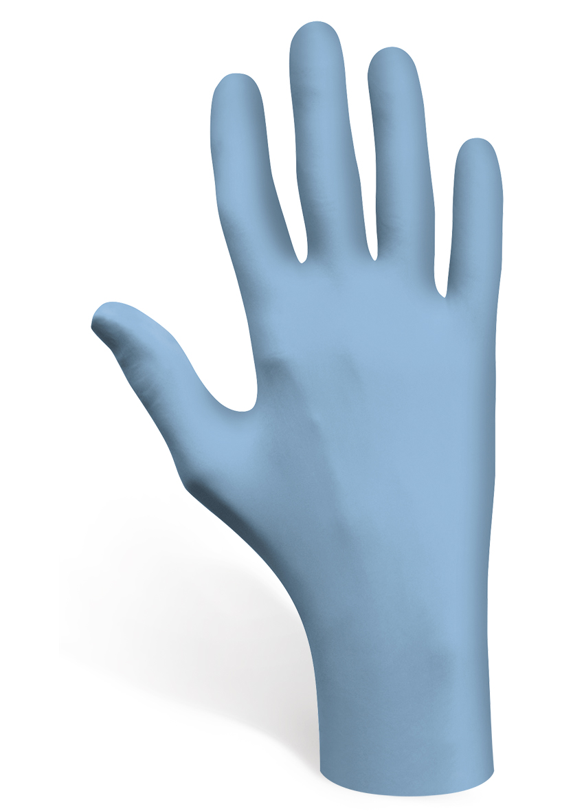 Disposable, powder-free, low-modulus 100%-nitrile, Silicone-free, bisque fingertips, 9-1/2", 4-mil, rolled cuff, blue/large