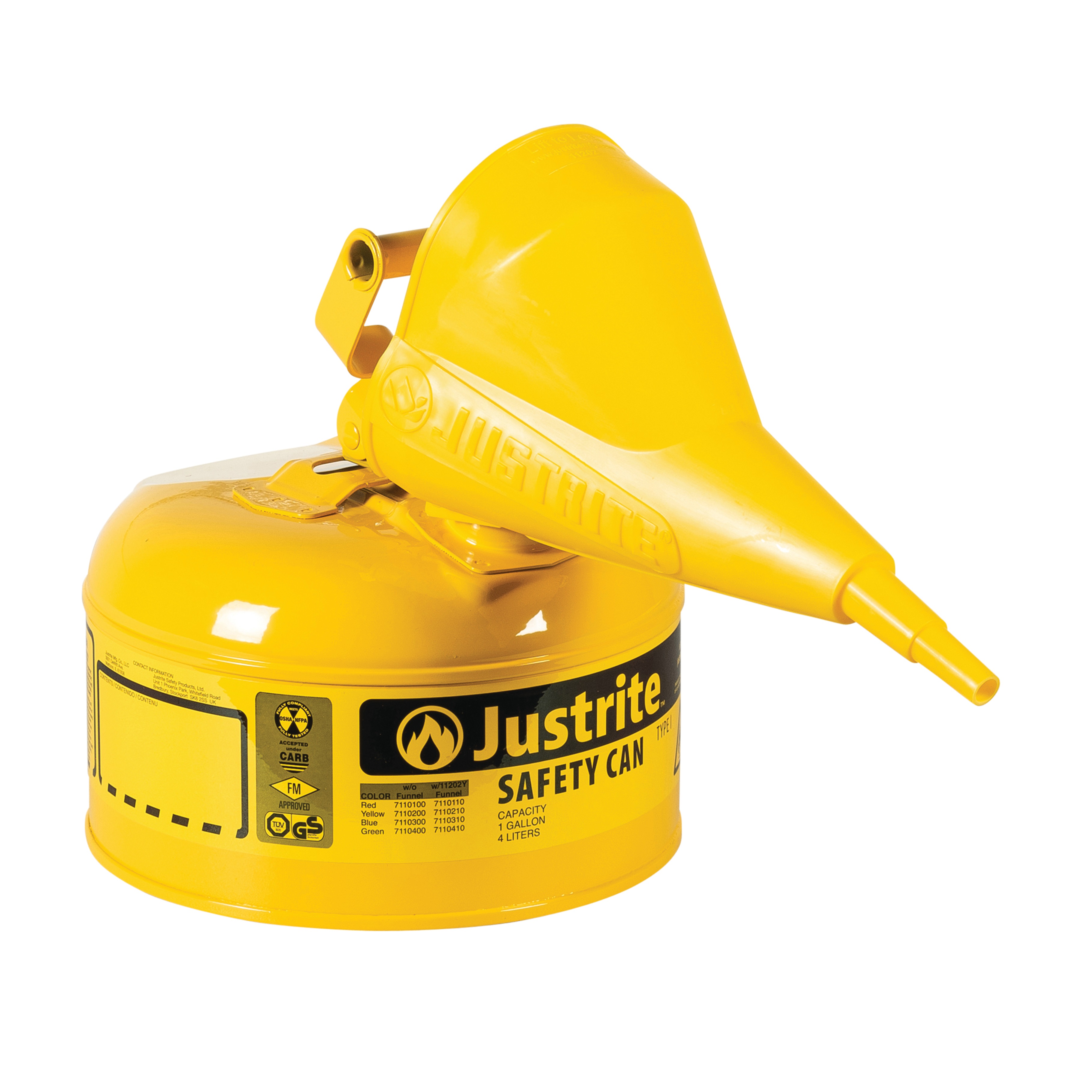 Justrite Swinging Handle Type 1 Safety Cans with Funnel Yellow