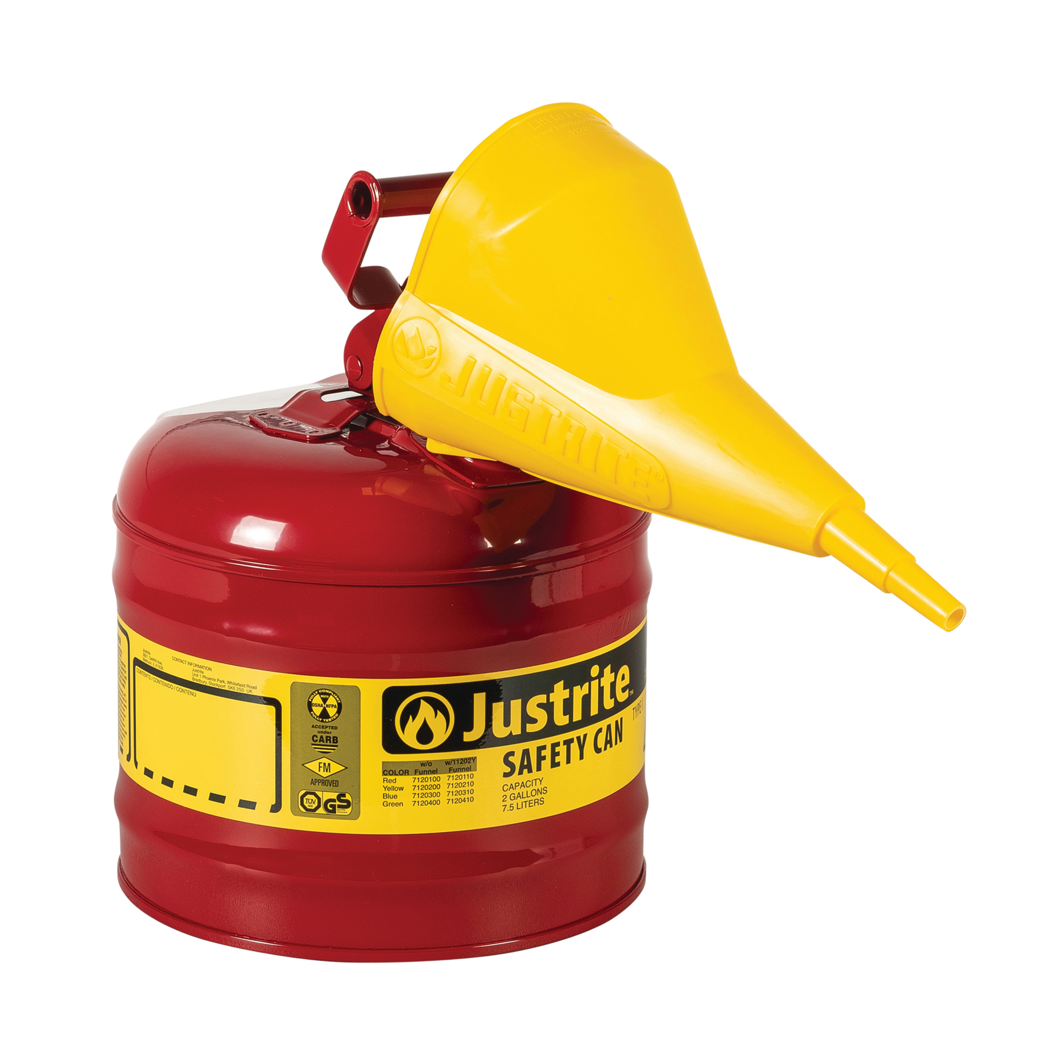 Justrite Swinging Handle Type 1 Safety Cans with Funnel Red
