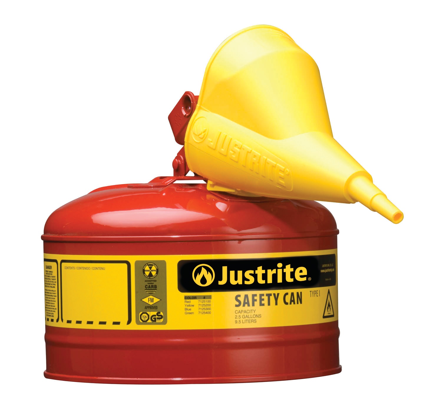 Justrite Swinging Handle Type 1 Safety Cans with Funnel Red