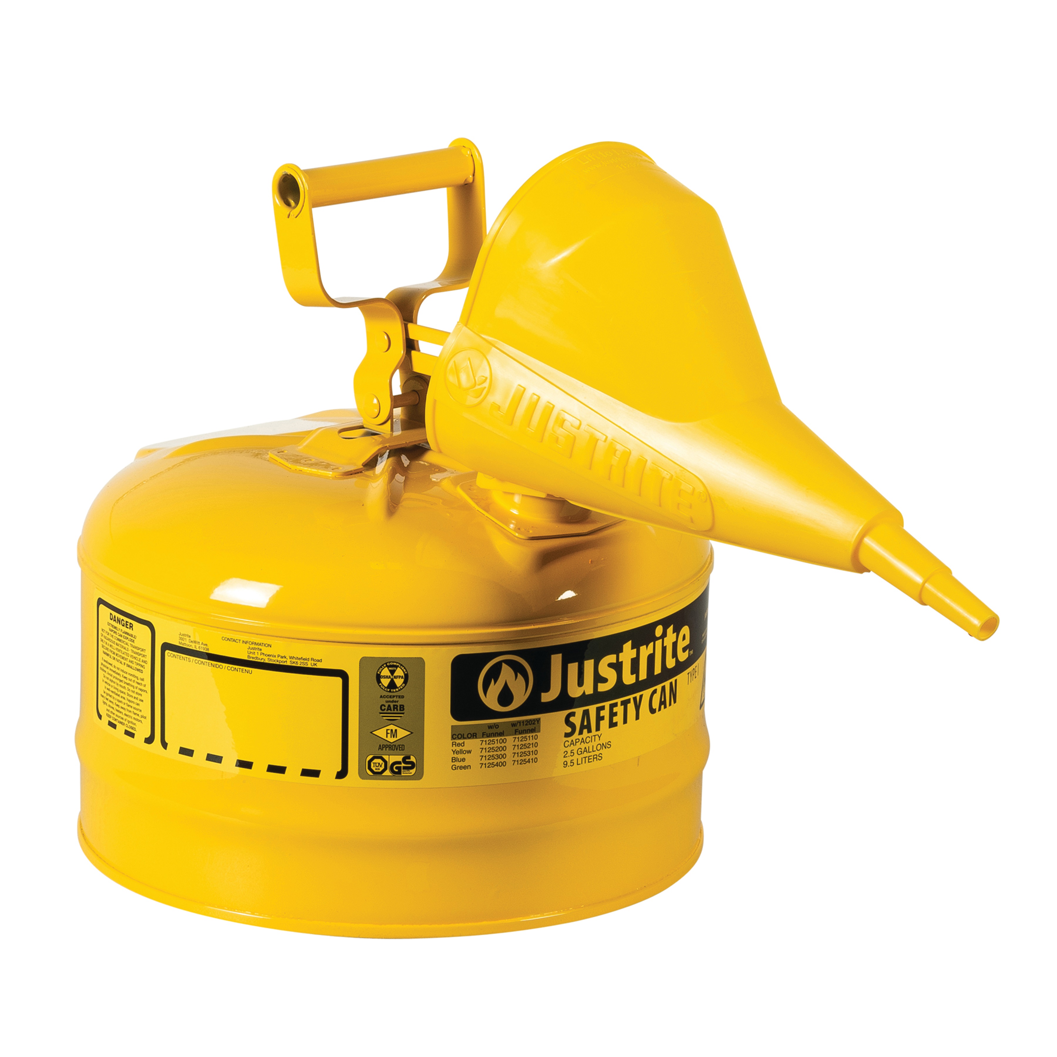 Justrite Swinging Handle Type 1 Safety Cans with Funnel Yellow